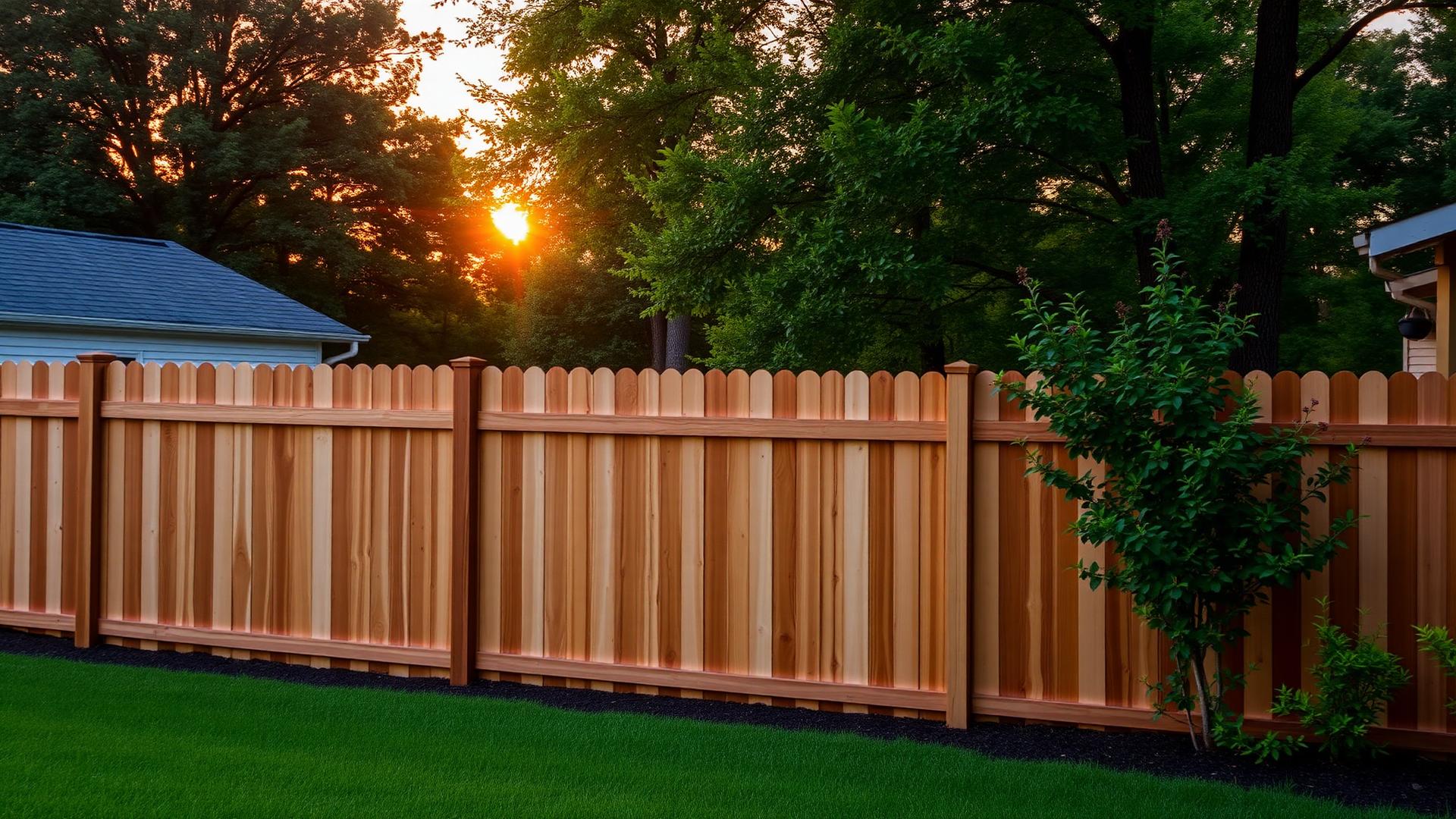Custom cedar privacy fence at sunset